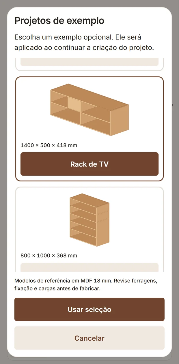 Catálogo de exemplos do app com rack de TV e estante.