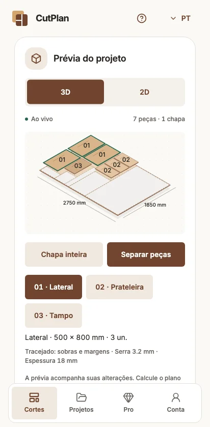 Prévia isométrica 3D de uma chapa com peças separadas.