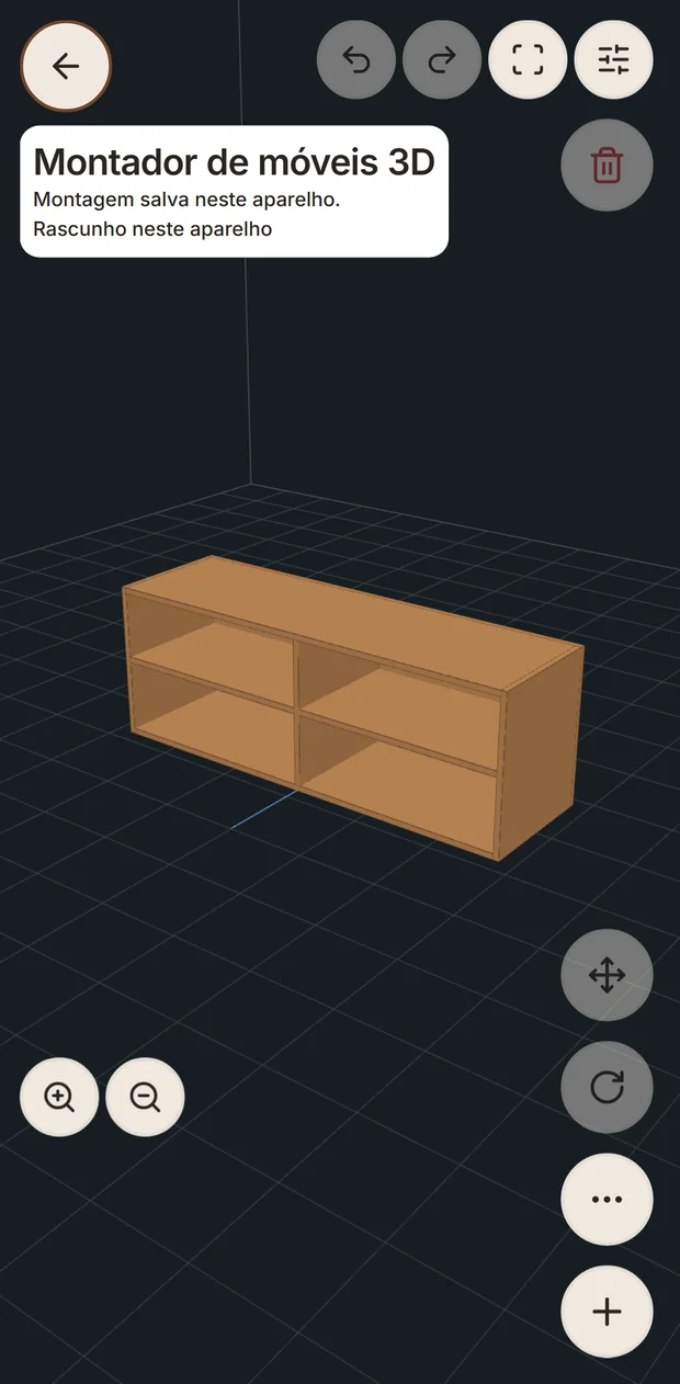 Espaço 3D do app com um rack de TV montado e controles de movimento.