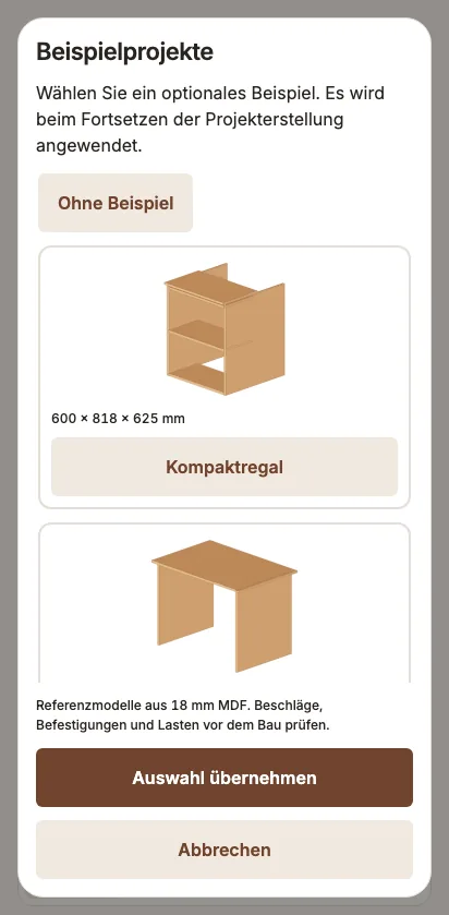Beispielkatalog mit Regal und Beistelltisch.