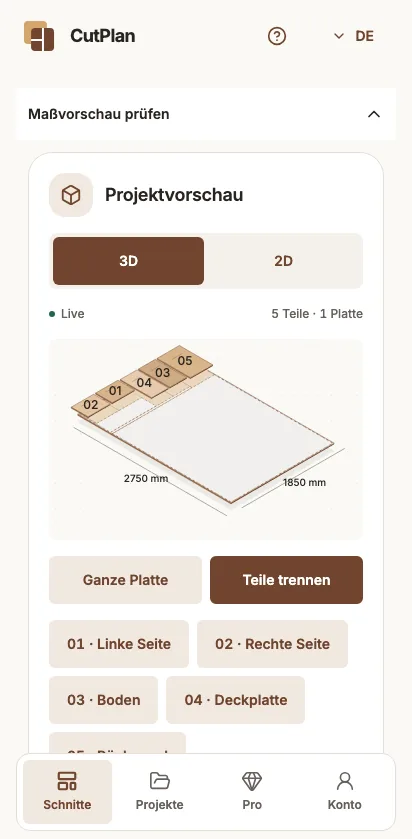 Isometrische Plattenvorschau mit getrennten Teilen.