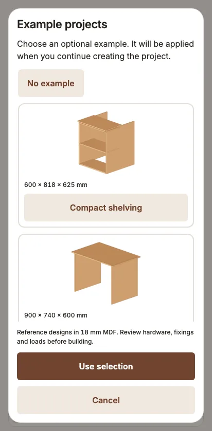 App example catalog showing a shelf and side table.