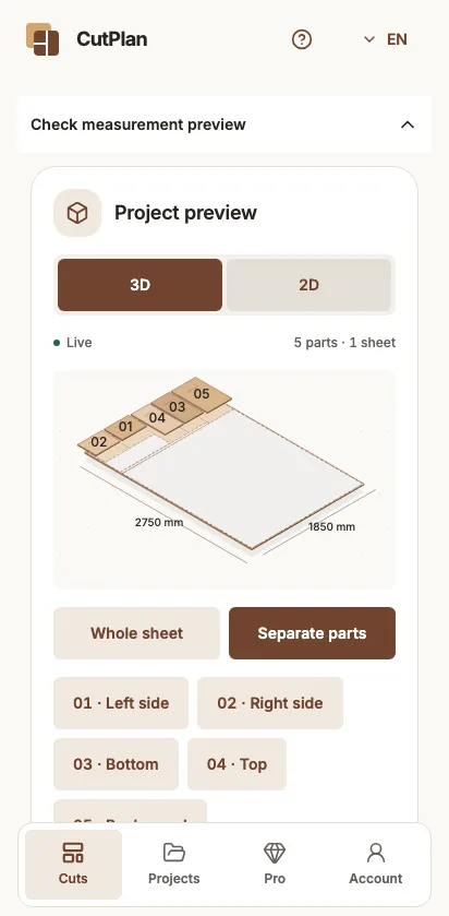 Isometric sheet preview with separated pieces.