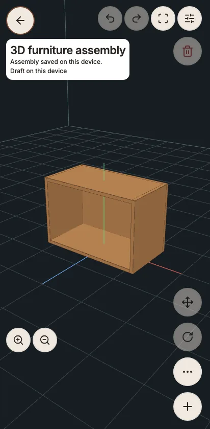 App 3D workspace showing an assembled wall niche and movement controls.