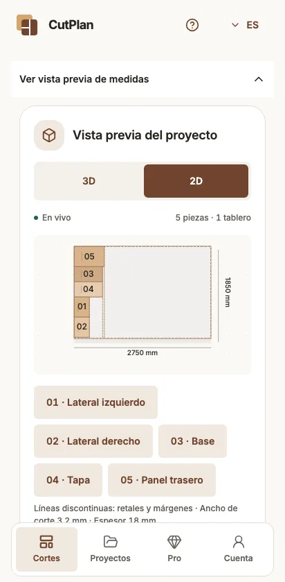 Distribución 2D con cinco piezas en un tablero.